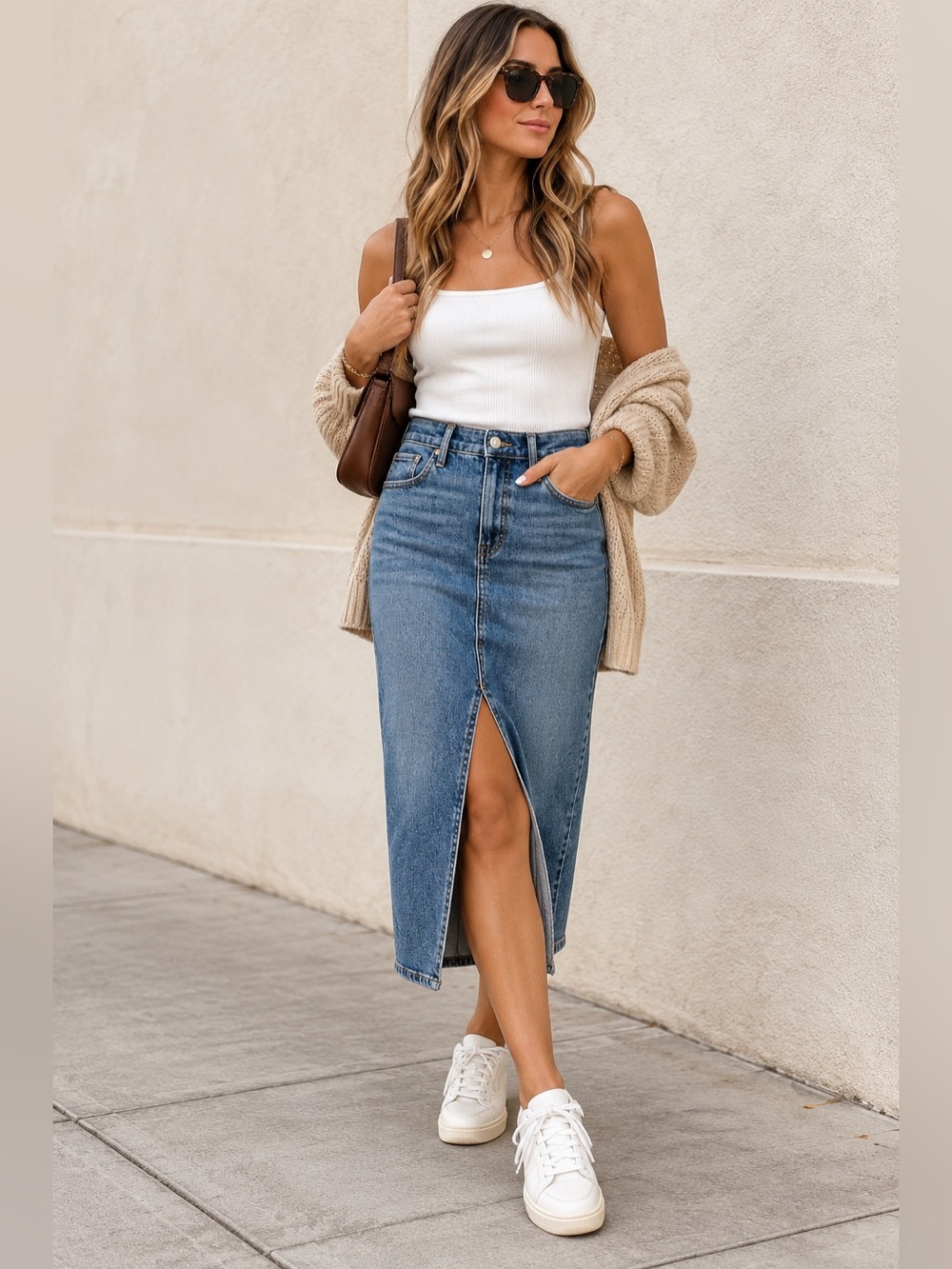 Express High Rise Hyper Stretch Denim Midi Skirt Size 4 Blue Front Slit